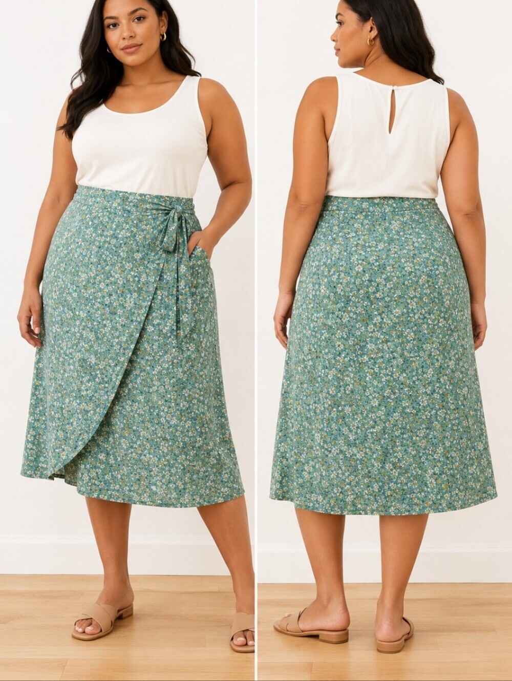 Ann Taylor Green Floral Wrap Midi Skirt Size 14 Cottagecore Garden Party
